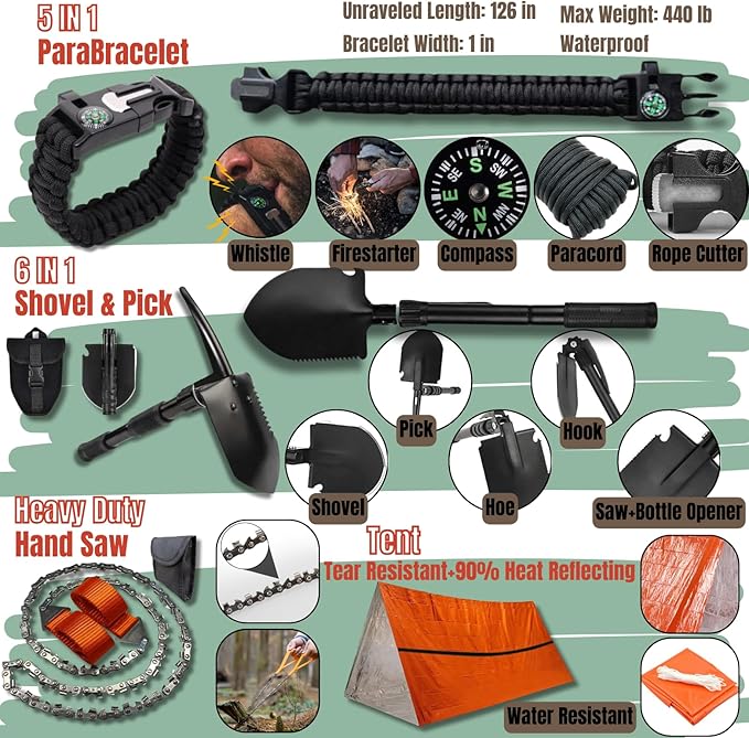 Complete Survival Kit and First Aid Kit | Tactical Backpack with Survival Gear | Bug Out Bag | Fire Starter, Tent, Emergency Camping Essentials | Outdoor Gift |