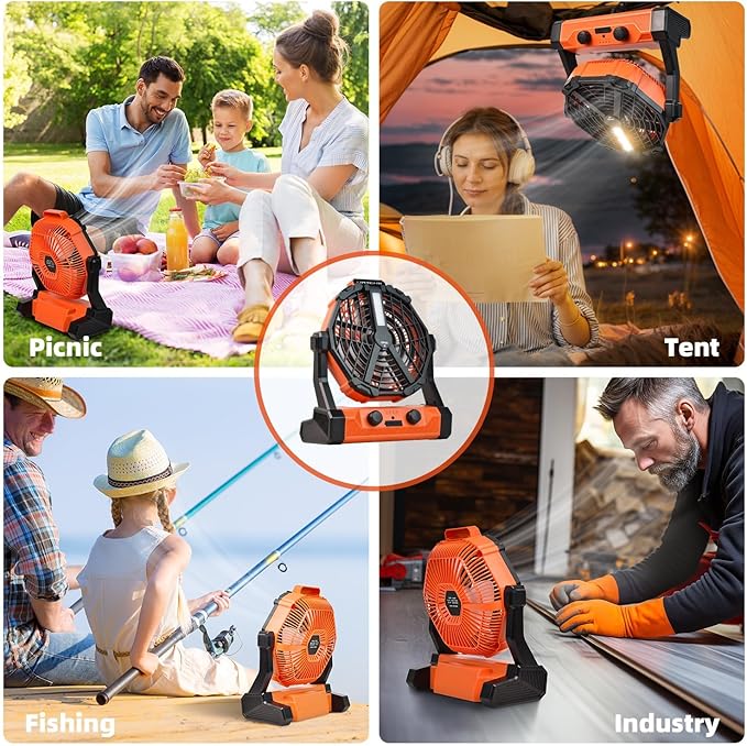 Camping Fan Ventilador Recargable 20000mAh Battery Operated With LED Lantern/Hook/Remote Auto Oscillating 60 Hrs Work Cordless Tent Fan for Emergency, Camping, Outdoor