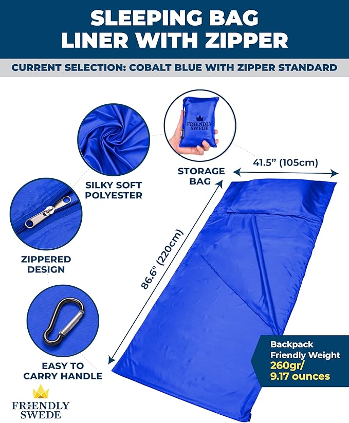 The Friendly Swede Sleeping Bag Liner — Ultralight Polyester or Cold Weather Microfiber Adult Sleep Sack; Thin Travel Sheets for Hotel; Camping Sheets; Travel Sleeping Bag with Pocket-Size Stuff Sack