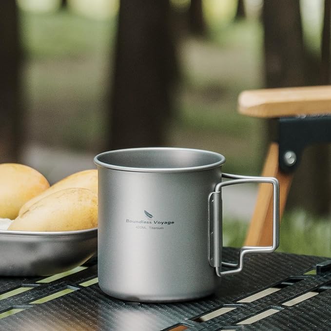 iBasingo 420ml Titanium Mug without Lid Tea Coffee Water Cup Outdoor Camping Pot Ultra-light Portable Hiking Backpacking Cooking Kit Picnic Tableware Drinkware with Foldable Handle Ti3024D