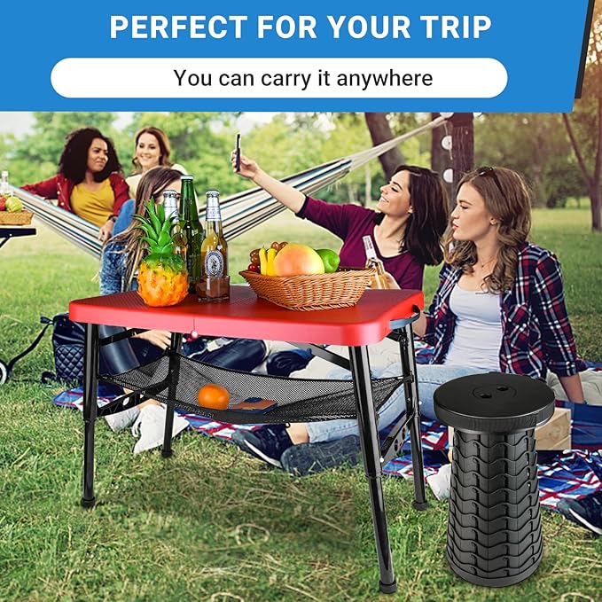 Portable Folding Table and Stool Set, Lightweight Foldable Table & Collapsible Stool for Camping Picnic Beach Fishing, Sturdy Small Outdoor Set with Mesh Layer Storage