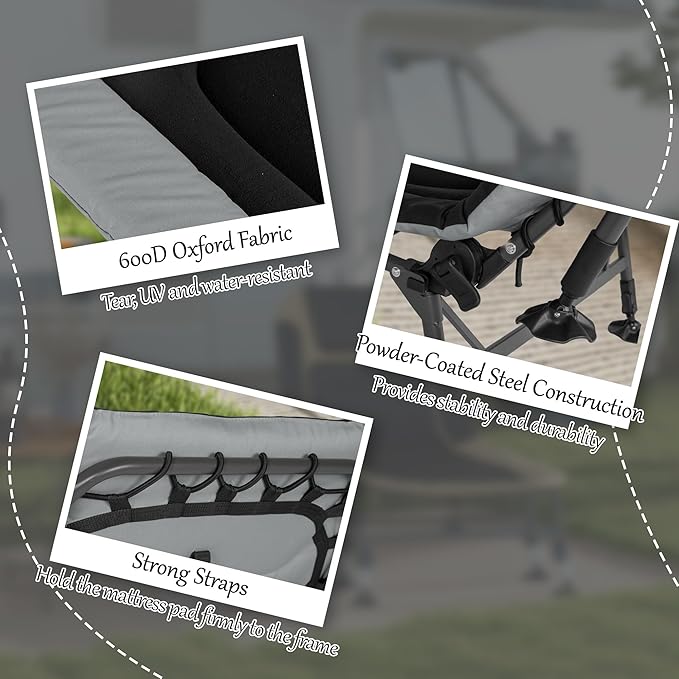 Outsunny Camping Cot for Adults, Folding Bed with Soft Padded Cushions & Headrest, 180° Adjustable Reclining Lounger, Heavy Duty and Portable with a 400 lbs. Capacity, Gray