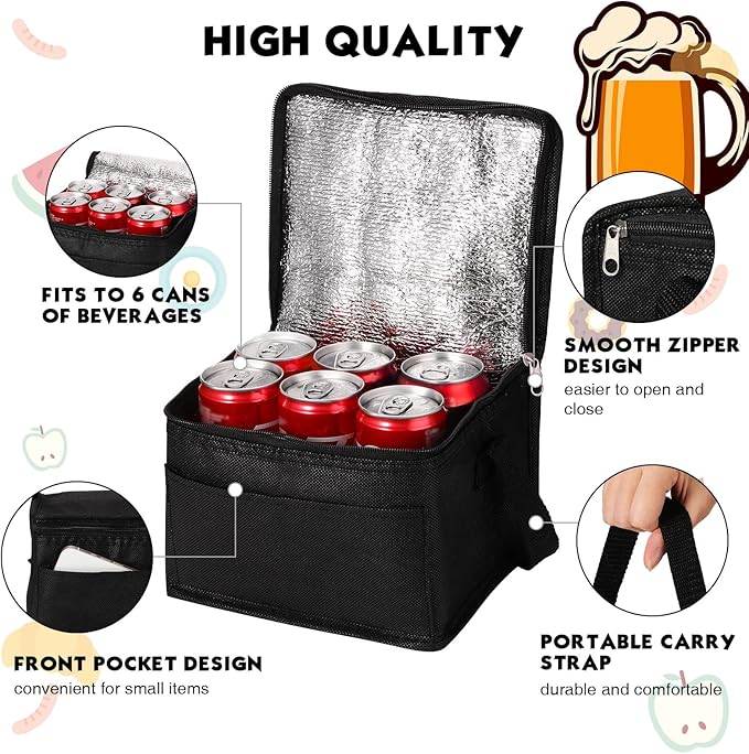 Nuogo 15 Pack Insulated Lunch Bags Bulk, Reusable Cooler Boxes, Leakproof Lunch Boxes Set, Waterproof Thermal Coolers, Insulated Beverage Bag for Women Men Work School Picnic Beach(Black)