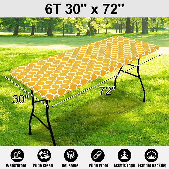 Smiry Rectangle Picnic Table Cover, Waterproof Elastic Fitted Camping Tablecloths for 6 Foot Tables, Wipeable Flannel Backed Vinyl Tablecloth Protector for Outdoor (Mustard Yellow, 30x72 Inches)