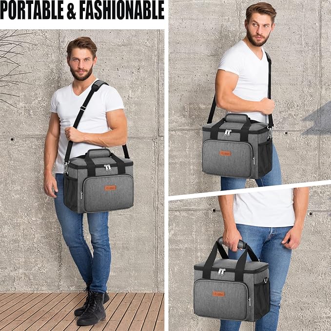 Tiblue Insulated Lunch Bag for Women/Men, Reusable Lunch Box for Office Work School Picnic Beach, Leakproof Freezable Cooler Bag with Adjustable Shoulder Strap for Kids/Adult(Large, Charcoal Grey)