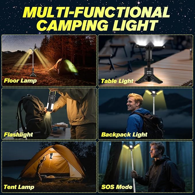 Telescopic Camping Lights with Stand, 5000LM Rechargeable LED Flashlight, 9 Color Modes, Collapsible Tent Lantern with Reflective Strips, Magnetic Base for Power Outages, Camping & Emergency