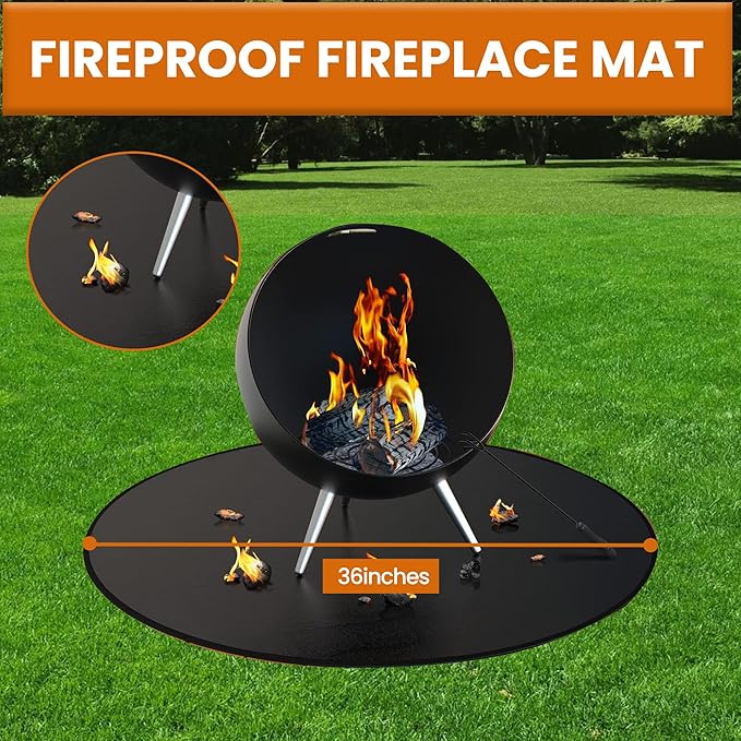 Fire Pit Mat | 36’ Round Premium Heat-Resistant BBQ Grill Protector for Deck, Patio & Grass | Portable Waterproof Outdoor Fireproof Mat for Stoves & Grills | USA Quality | Black