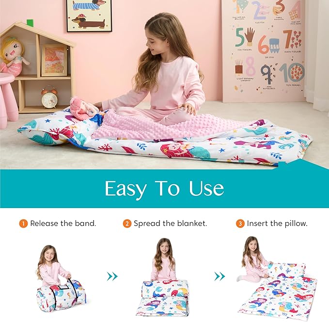 JOIEDOMI Toddler Nap Mat for Preschool 55''x30'' Sleeping Mat with Removable Pillow and Minky Blanket for Kids Ages 3-7 Roll Up Soft Kids Sleeping Bag for Boys Girls Kindergarten Daycare Sleepover