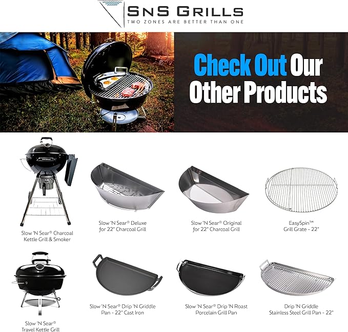SnS Grills Patented Slow ‘N Sear Original Insert - Stainless Steel Charcoal Basket with Built-In Water Reservoir for Low ‘N Slow Smoking & Charcoal Grilling for Weber & Other Kettle Grills - 22 in
