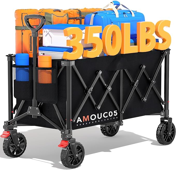 AMADA HOMEFURNISHING Wagons Carts Foldable, Collapsible Wagon with 360° Rotating Wheels and Side Pocket, Large Capacity 350LBS Foldable Wagon Cart for Shopping, Garden, Camping,Sports and Outdoor Use