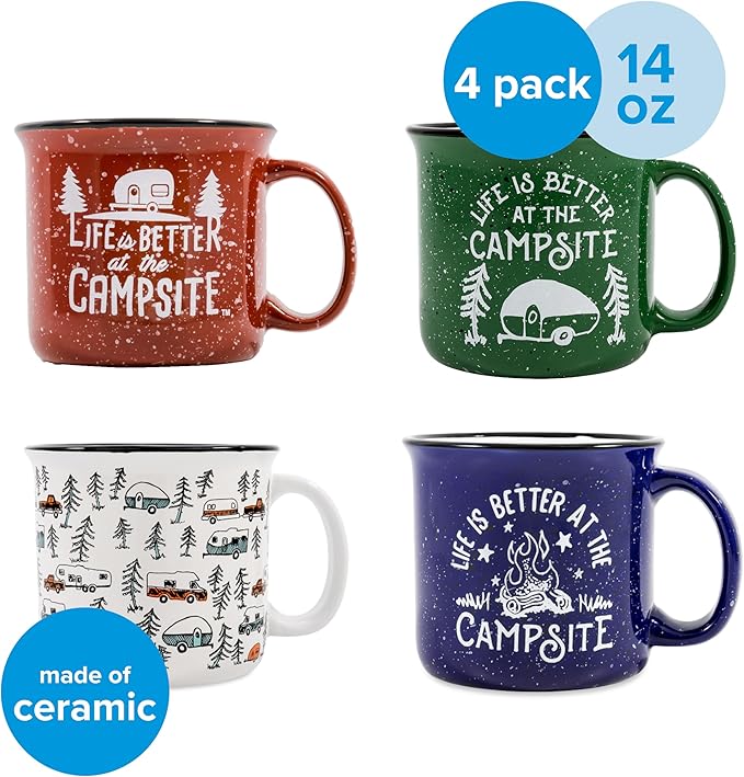 Camco Life is Better at The Campsite Ceramic Coffee Mug 4-Pack - Microwave and Dishwasher Safe - Features Camping & RVing Designs - Coffee Cups Holds 14oz. (53357)