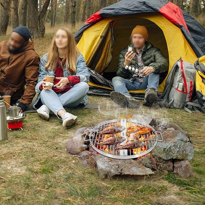 REDCAMP Foldable Fire Pit Cooking Grill Grate 17 Inch, Campfire BBQ Grill with Portable Handle & Support Wire, Heavy Duty Stainless Steel Round Campfire BBQ Grill for Outdoor Picnic Party & Gathering