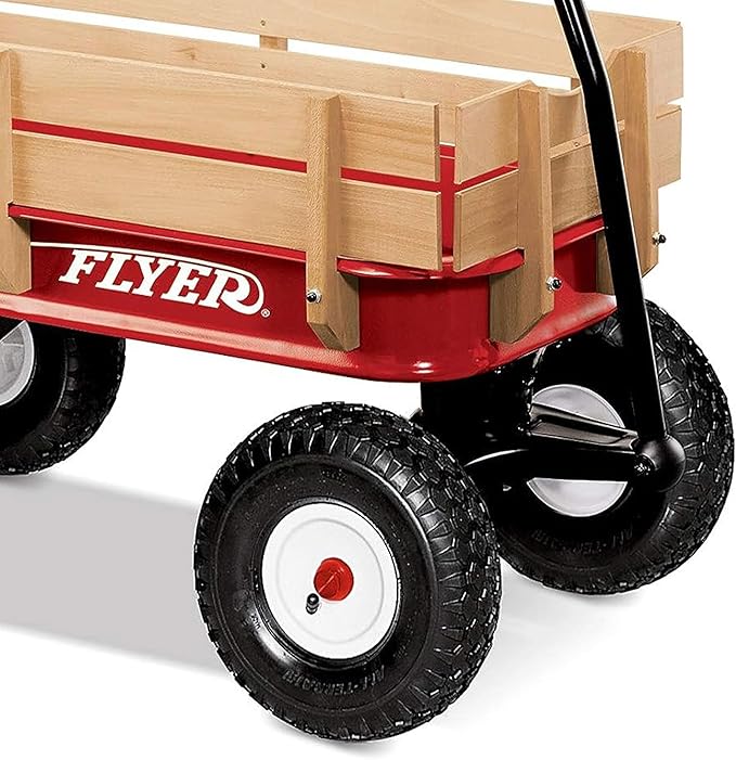 Radio Flyer Pull Along Kids Wagon with Foldable Handle and Wooden Stake Sides, Red - Heavy Duty Outdoor Cart and Carrier with Wheels for Children
