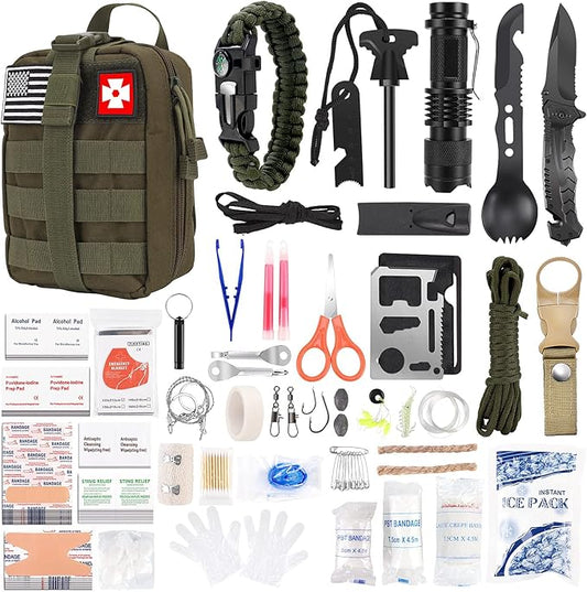 Gifts for Man Dad Husband, 210 PCS Survival First Aid kit, Professional Survival Gear Camping Essentials Emergency Medical Goods for Camping Boat Home Car Disaster Adventure (Khaki)