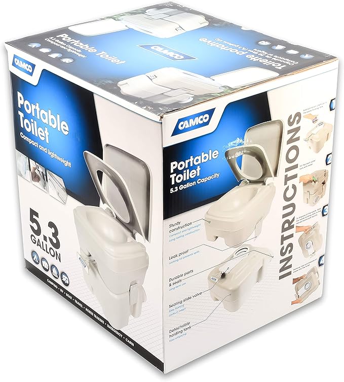 Camco 5.3-Gallon Portable Toilet - Features Detachable Holding Tank w/Sealing Slide Valve & Bellow-Type Flush - Easy Transport w/Compact Lightweight Design & Carry Handle - Gray (41541)