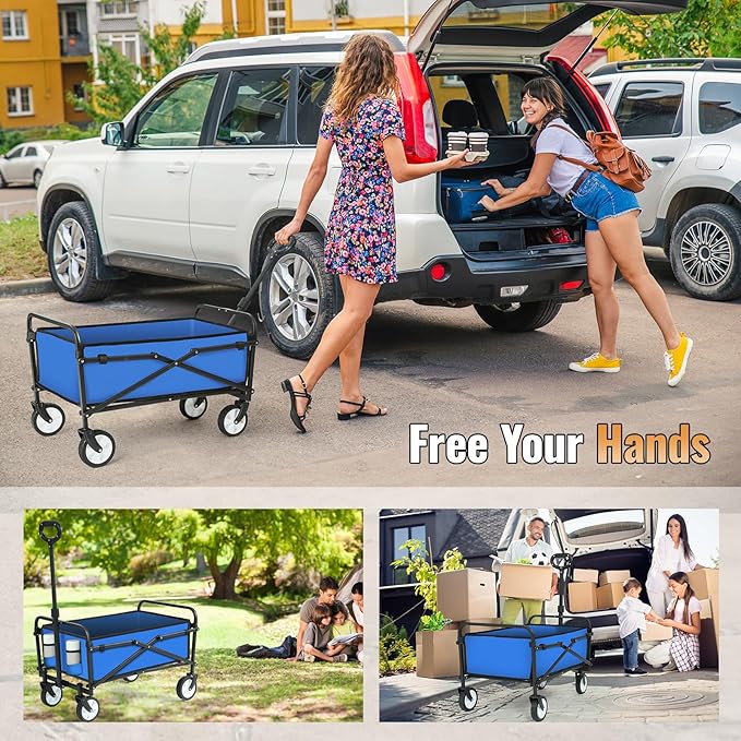 LUXCOL Wagon Cart Foldable, Collapsible Folding Wagon with All-Terrain Wheels & Adjustable Handle, Portable Heavy Duty 200LBS Weight Capacity for Grocery Shopping, Sport, Camping, Garden, Outdoor Use