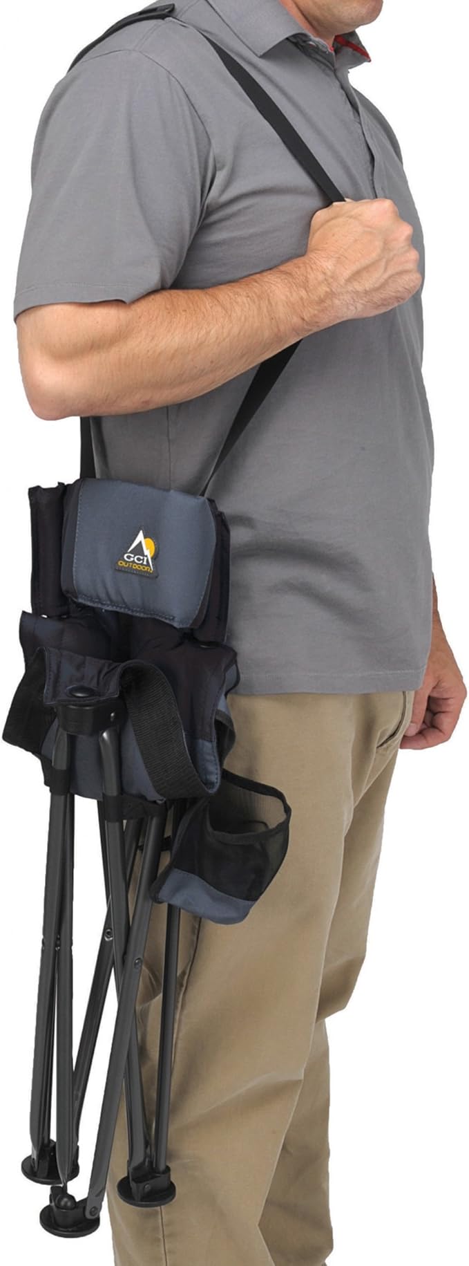 GCI Outdoor Quik-E-Seat | Portable, Folding Tripod Chair with Drink Holder and Padded Lumbar Support — Black