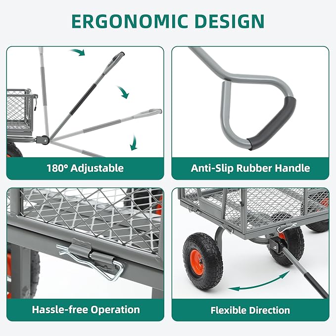 Heavy Duty 900 lbs Capacity Mesh Steel Garden Cart - 10" Pneumatic Tires, 180° Rotating Handle, Removable Sides, 4 CU'FT Utility Wagon for Yard & Garden