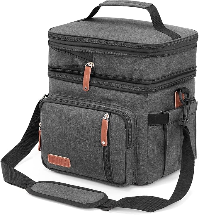 Men's Double/Women's Compartment Lunch bag, Insulated Lunch Cooler Tote 2 Roomy Large Reusable Water-resistant Lunch box (black)