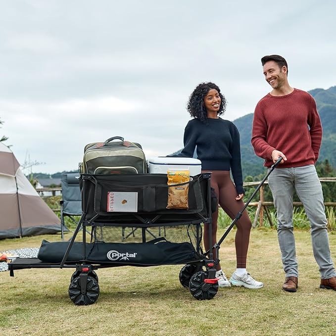 PORTAL 400L Large Capacity Collapsible Double Decker Wagon with Brakes, 450LB Heavy Duty Folding Cart with Tailgate, Foldable Utility Wagons for Camping, Beach, Garden, Sports, Shopping