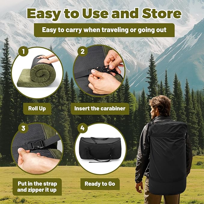 Memory Foam Camping Mattress Pad, Portable Roll Up Pads for Adults, Sleeping pad for Camping Bed, Car Bed Mat with Travel Bag- Green