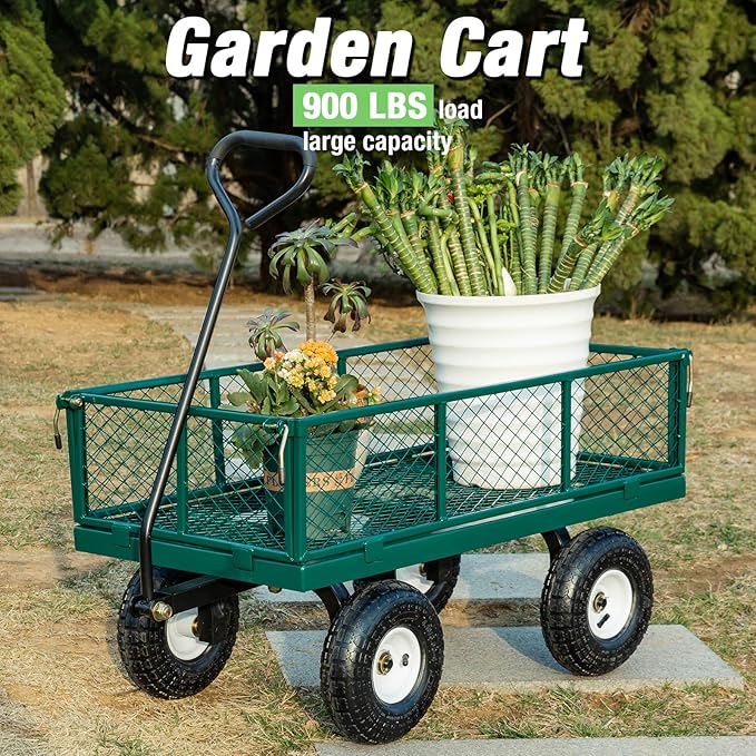 Heavy Duty Steel 900Lbs Wagon Garden Carts, Utility Pullable with Removable Folding Sides, All Terrain Wagons for Outdoor, Garden, Farm, Yard, Green-43" x 21"x 21" inch