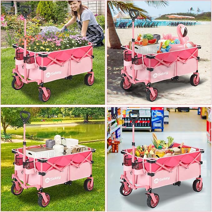 Sekey 330lbs Collapsible Foldable Wagon with Weight Capacity, Heavy Duty Folding Wagon Cart with Big All-Terrain Wheels & Drink Holders. Barbie Pink