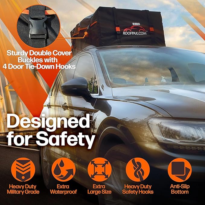 RoofPax Waterproof 19 Cubic Feet Rooftop Cargo Carrier Bag – Heavy Duty Car Roof Storage with Double Zipper & Tie Down Straps – Fits Cars with or Without Roof Rack