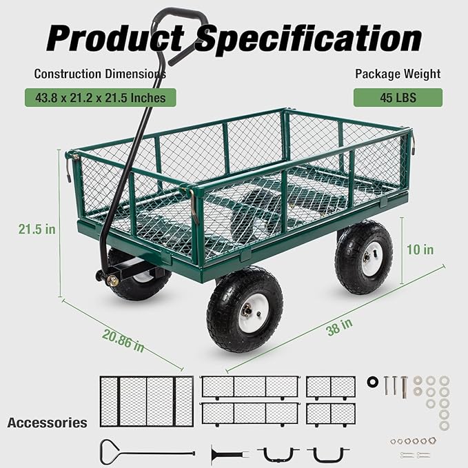 Heavy Duty Steel 900Lbs Wagon Garden Carts, Utility Pullable with Removable Folding Sides, All Terrain Wagons for Outdoor, Garden, Farm, Yard, Green-43" x 21"x 21" inch