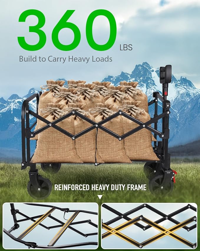 Collapsible Wagon, Wagons Carts Foldable with Tailgate Extended, Folding Wagons 360lbs Heavy Duty, Portable Lightweight Utility Wagon Cart for Grocery, Camping, Garden, Sports, Black D