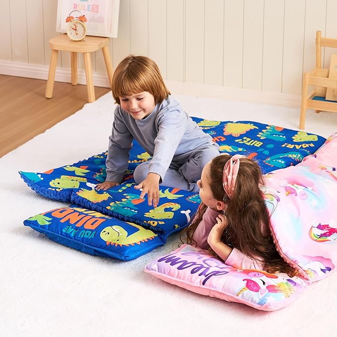 JOIEDOMI Toddler Nap Mat for Preschool 55''x30'' Sleeping Mat with Removable Pillow and Minky Blanket for Kids Ages 3-7 Roll Up Soft Kids Sleeping Bag for Boys Girls Kindergarten Daycare Sleepover