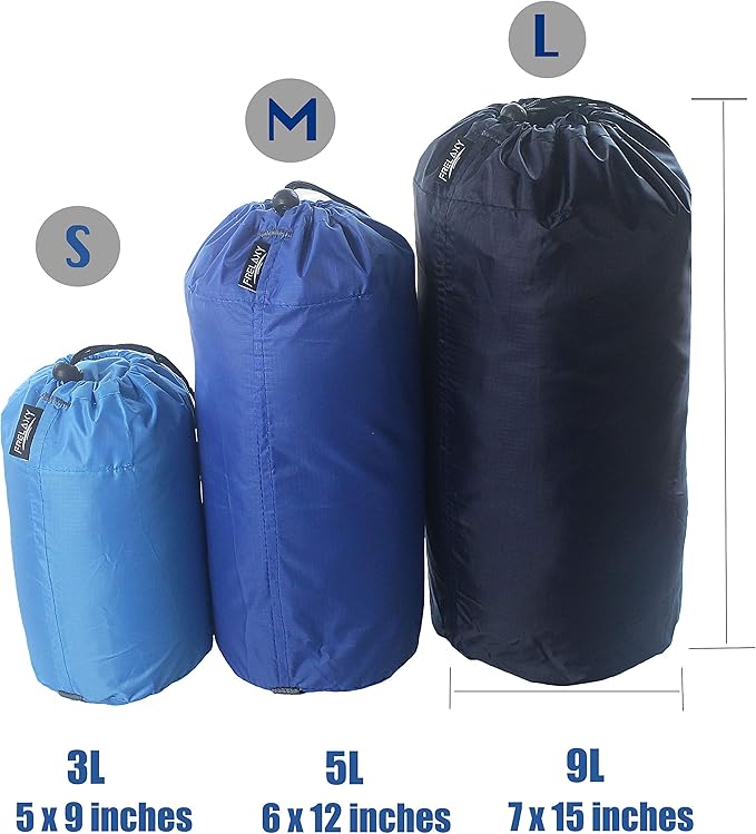 Frelaxy Stuff Sack Set 3-Pack (3L&5L&9L), Ultralight Ditty Bags with Dust Flap for Traveling Hiking Backpacking