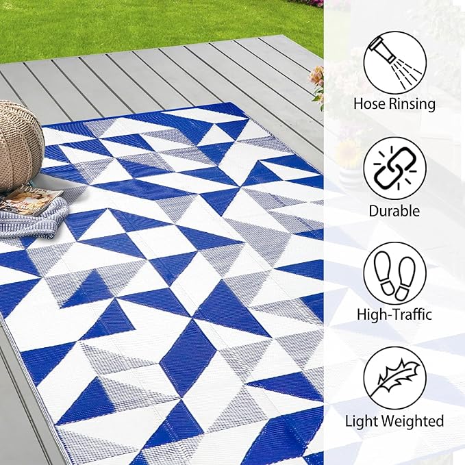 Outdoor Rug Mat for Patio, 6x9ft Waterproof Reversible Plastic Straw Rugs, Camping Carpet Area Mats for RV, Porch, Deck, Backyard, Balcony, Camper, Trailer, Blue & White