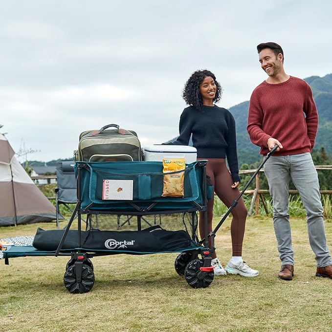 PORTAL 400L Large Capacity Collapsible Double Decker Wagon with Brakes, 450LB Heavy Duty Folding Cart with Tailgate, Foldable Utility Wagons for Camping, Beach, Garden, Sports, Shopping
