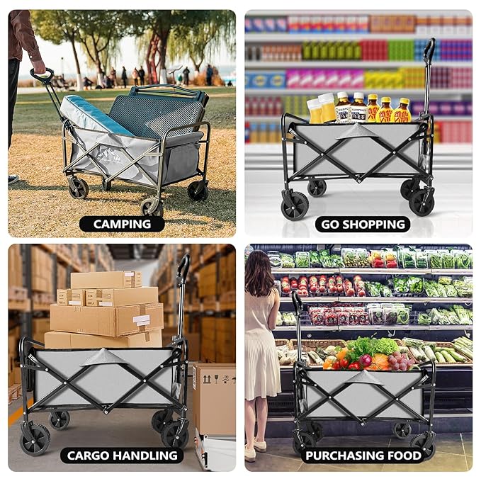 Collapsible Wagon Cart Heavy Duty Foldable, Large Capacity Foldable Grocery Beach Wagon for Camping Sports Shopping, Gray