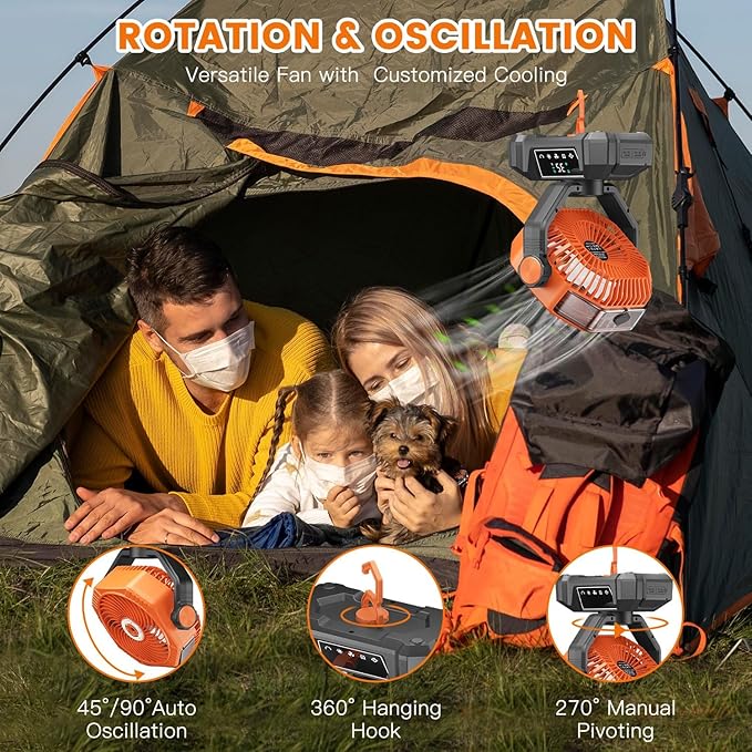 Camping Misting Fan Rechargeable - 20000mAh Portable Mist Fan For Tents With LED Lantern Light, Auto Oscillating With Remote For Outdoor, Battery Operated With Timer 5 Speeds(Orange)