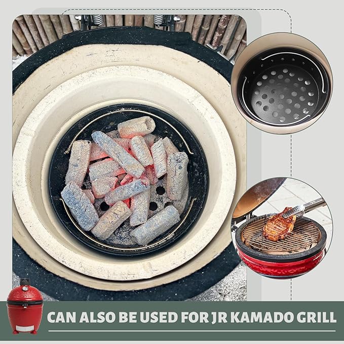 KAMaster Charcoal Basket Carbon Steel Fire Bowl for MiniMax,Small&Medium Bigg Green Eggs,Heavy Duty Enamel Coated Charcoal Ash Basket with Handles,Fire Box Bowls Ash Basket also for JR Kamado Grill