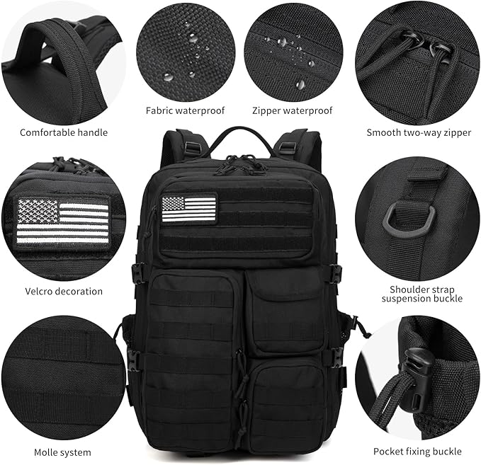 Wotony Tactical Backpack - Military waterproof backpack with multiple pockets and tactical gear for the outdoors (Black, 45L)