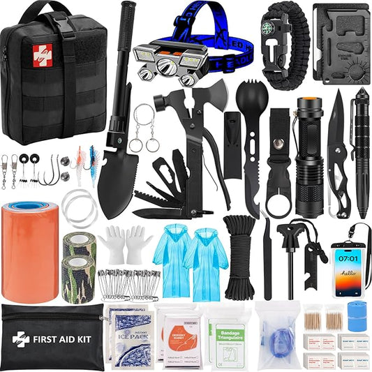 Emergency Survival Kit, Camping First Aid Survival Kit with Molle Pouch for Earthquake Preparedness Outdoor Adventure, Black