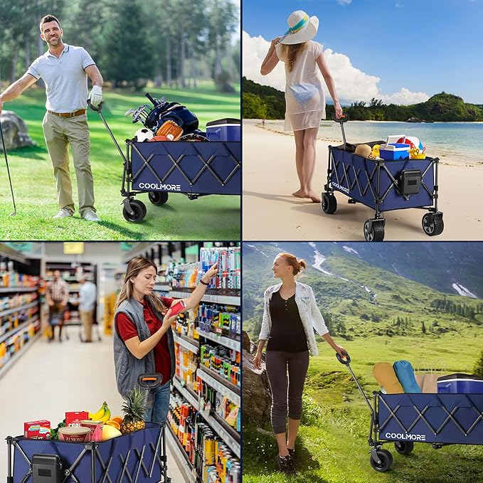 Electric Collapsible Utility Wagons 330lbs Capacity, Carts Foldable with Wheels Brakes Portable for Beach Garden Outdoor Sports Lounge Heavy Duty Shopping Camping Picnic (Blue)