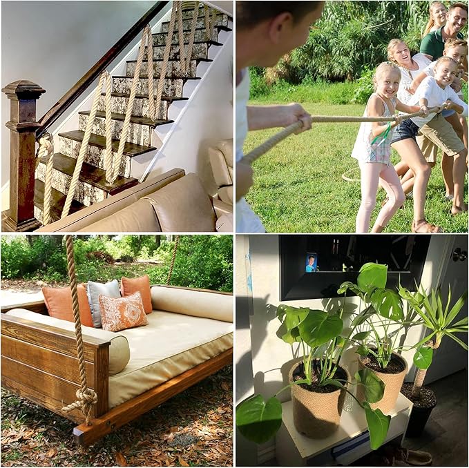 Rope 1 Inch 25 Feet Jute Rope, Heavy Duty Jute Rope,Natural Hemp Rope, Twisted Hemp Rope for Crafts, Gardening, Bundling, Climbing, Hammock, Nautical, Tug of War, Railings, Home Decorating