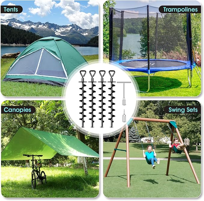 Ground Anchors Screw in, Heavy Duty Ground Trampoline Stakes High Wind Tent Stakes for Tent, Trampoline, Gazebo, Carport, Trap Anchor, Canopies, Swing Set