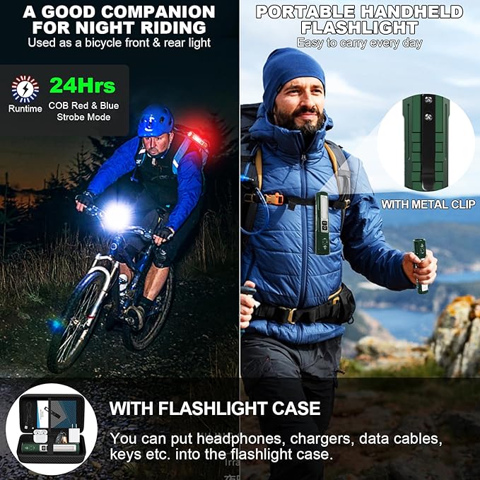 Rechargeable Flashlights High Lumens - 20,000LM Super Bright Small Pocket Magnetic Flashlight, 8 Modes LED Tactical Flash Light, Dual Button Powerful Flashlight for Camping (2, Hunter Green)