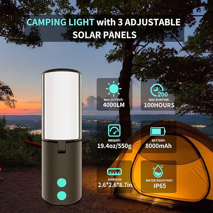 JINHODY Rechargeable LED Lantern - 8000mAh Solar Powered, 4000LM Camping Lights for Indoor/Outdoor Use, USB Charging, Emergency Flashlight