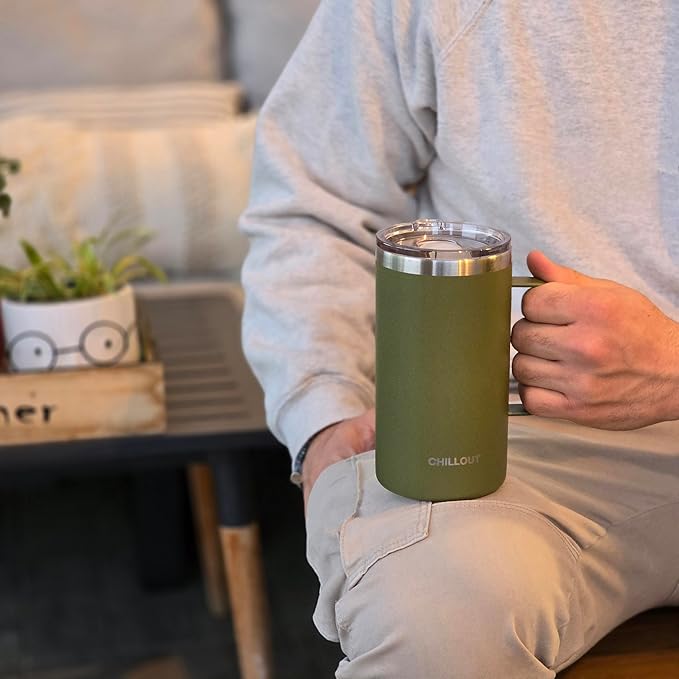 CHILLOUT LIFE Stainless Steel Vacuum Insulated Coffee Mug 16 oz (Set of 2) with Handle and Lid, Large Thermal Camping Coffee Mugs with Sliding Lid for Men & Women, Keeps Your Beverages Hot & Cold