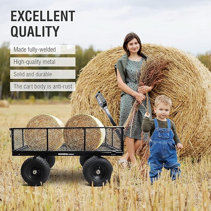 Olympia Tools Steel Garden Cart 1,000lbs 6-cu ft Utility Cart, Heavy Duty Wagon, with Removable Mesh Sides to Convert into Flatbed, Lawn and Utility Wagons Cart