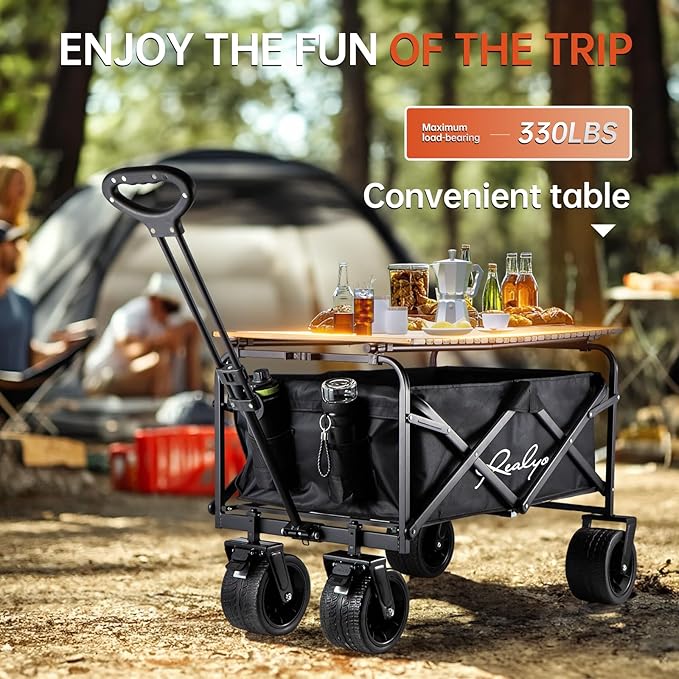 Collapsible Wagon Cart Foldable with Portable Desk Board, Foldable Wagon with Flexible Handle, Portable Folding Utility Grocery Shopping Cart for Grocery Sports Garden Camping