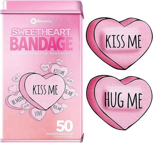 BioSwiss Bandages, Valentine Heart Shaped Self Adhesive Bandage, Latex Free Sterile Wound Care, Fun First Aid Kit Supplies for Kids, 50 Count
