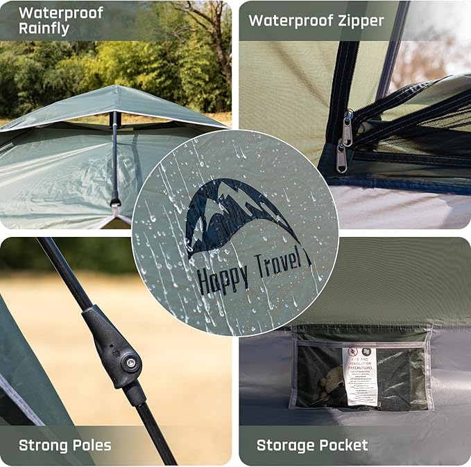 Happy Travel 1/2/3/4 Person Camping Tent, Instant Easy Pop Up Tents for Camping,Automatic Waterproof Family Camping Tent, Easy Set Up Tent,Portable Windproof Dome Tent for Camping Hiking & Traveling