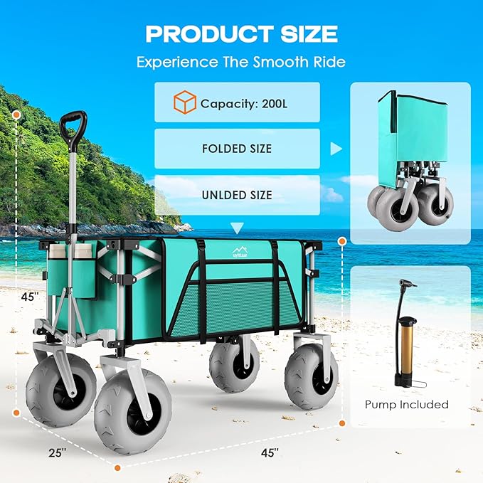Beach Wagon with Big Wheels for Sand, All Terrain Steel Frame Foldable Beach Cart, 9" Inflatable Tires, 200L Large Capacity, Collapsible Design for Easy Transport, Lightblue